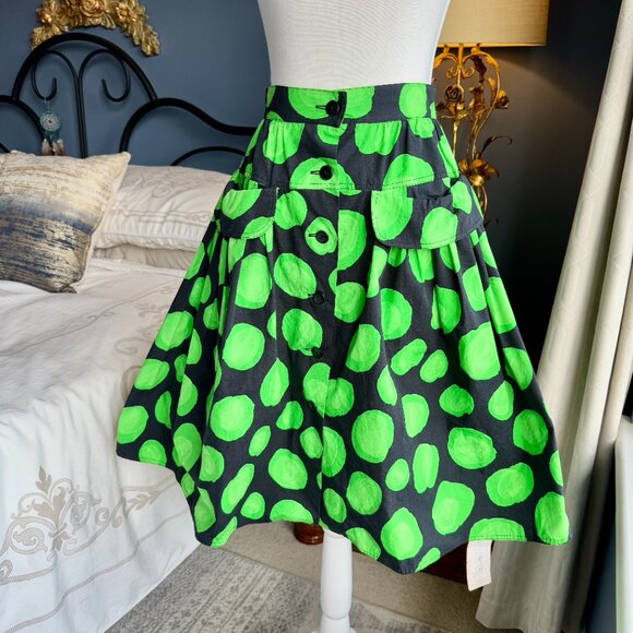Mouche Black and Green Abstract Limes Full Buttoned Swing Skirt w Pockets - Picture 2 of 13